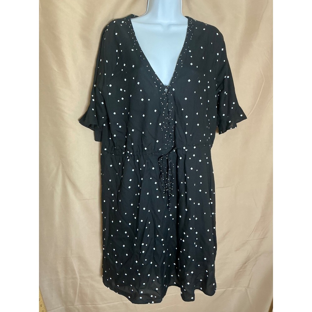 Next‎ Button Front Dress Womens 16 Black White Excellent Ruffle Sleeve Diamond